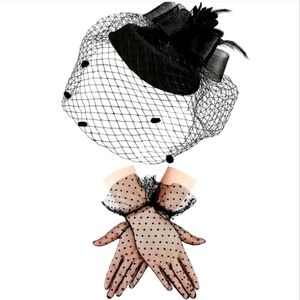 Black Elegant Pillbox Lace Veil Fascinator Ribbon Feathers Clip Matching Gloves